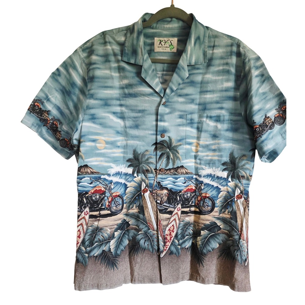 KY's XL‎ Hawaiian Shirt Men's Motorcycle Surf Palm Tree Beach Made in Hawaii USA